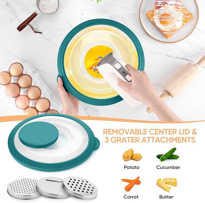 TeamFar 4-1 Colander with Bowl Set, Rotatable Colander for Kitchen, Stainless Steel Food Strainers and Colanders Mixing Bowl with Graters, for Veggies Fruits Washing, Pasta Straining - Blue
