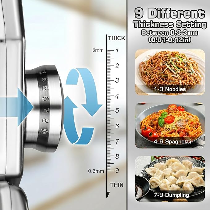 Sailnovo 3 in 1 Pasta Maker Machine - 9 Adjustable Thickness Settings Aluminum Alloy Pasta Roller & 2 Width Cutters for Fresh Spaghetti, Fettuccini, Lasagna, Dumplings - Stainless Steel, Silver