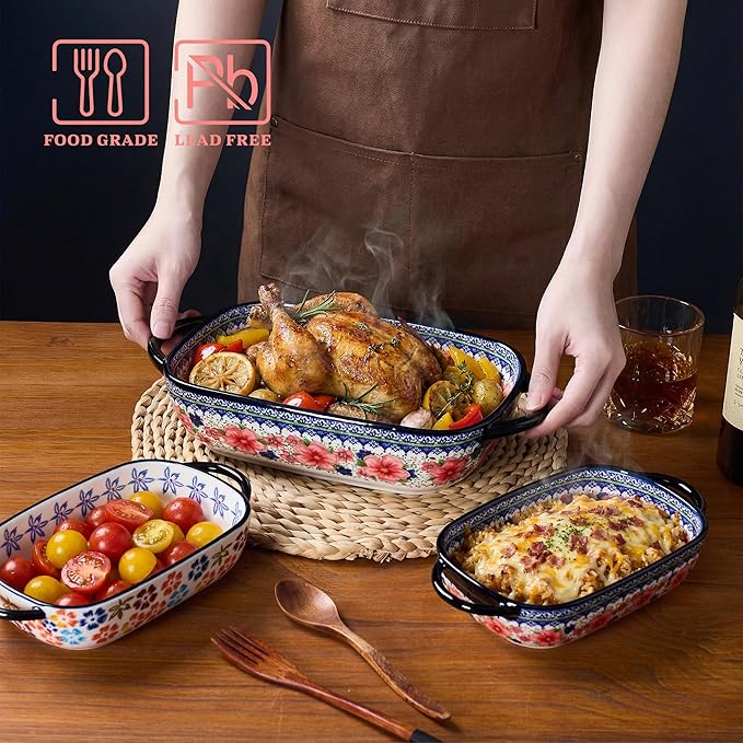 Ceramic Casserole Dishes for Oven, Hand-painted Polish Pottery Baking Dish Set of 2, 0.8QT / 2QT Porcelain Casserole Dishes with Handles, Baking Pan Lasagna Pan, Gift for Family/Friend (Red)