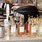 16.9 oz (500 ml) Coffee Syrup Dispenser Set - 2 Glass Bottles with Gold Pumper and Syrup Labels - Precise Dispensing and Stylish Addition to Coffee Shop, Cafe or Home Bar