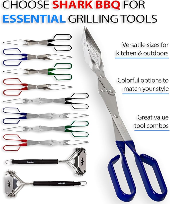 Shark BBQ Grill Tongs - 17 inch (Blue) Steak Tongs. Professional kitchen and outdoor grilling utensil. Long reach Barbeque Grilling Tong. Ideal for steak, fish, burger, and sausage