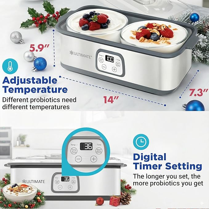 Ultimate Probiotic Yogurt Maker w/Adjustable Time & Temp Control - Make Trillions of Live Probiotics (Two 1-Quart Containers) - Best Xmas Gifts & Presents for Men & Women - ULTIMATE LIFETIME WARRANTY