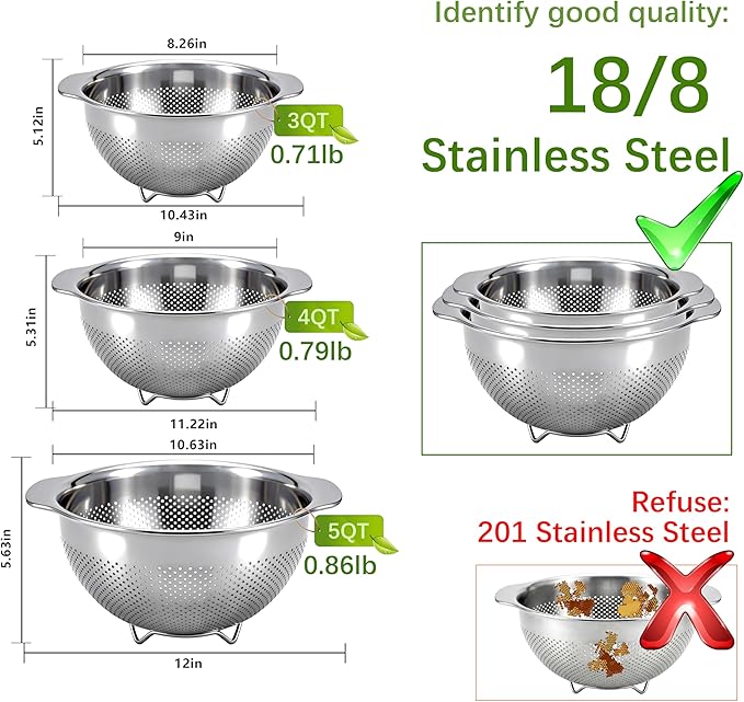 18/8 Stainless Steel Strainer and Colander for Kitchen, Large Strainers and Colanders, Food Strainers Fine Mesh with Handle for Spaghetti, Pasta, Rice, Fruit, Vegetables, Noodles (5QT)