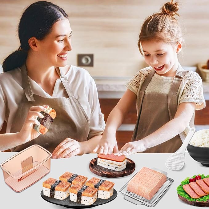 Musubi Press Mold Kit, 2 Pack Clear Musubi Maker with Stainless Steel 304 Luncheon Meat Slicer for SPAM (Champagne)