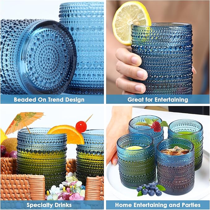 KMIGRUAN Hobnail Drinking Glasses Set of 6,12oz Blue Vintage Glassware,Cocktail Glasses,Embossed Glass Cups,Water Tumbler for Whiskey, Juice and Various Mixed Drinks