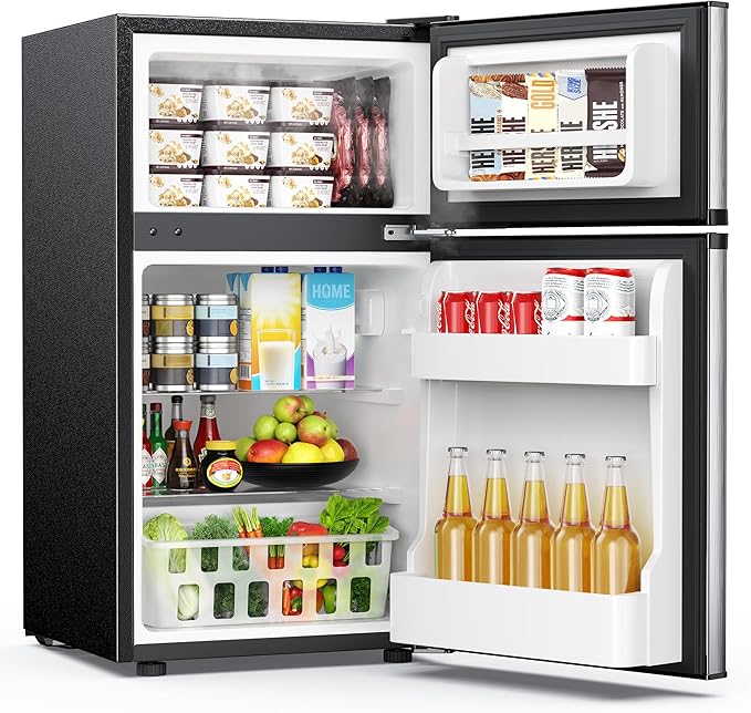 EUHOMY Mini Fridge with Freezer, 3.2 Cu.Ft Mini Refrigerator fridge, 2 door For Bedroom/Dorm/Office/Apartment - Food Storage or Cooling drinks, Silver
