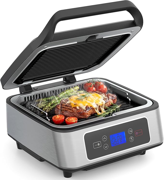 Sunvivi Indoor Grill, 1300W Smokeless Grill Indoor with Auto-Lift, Electric Griddle Nonstick with Removable Plates, Independent Upper Heating, Smart Time & Temperature Control, Easy to Clean and Store