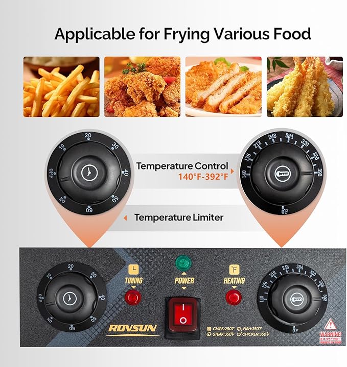 ROVSUN 12.5QT Electric Deep Fryer, 1700W Commercial Deep Fryer with Basket, Drain, 60-Min Timer, Overheat Protection, Temp Control & Baskets, Stainless Steel Countertop Fryer for Restaurant