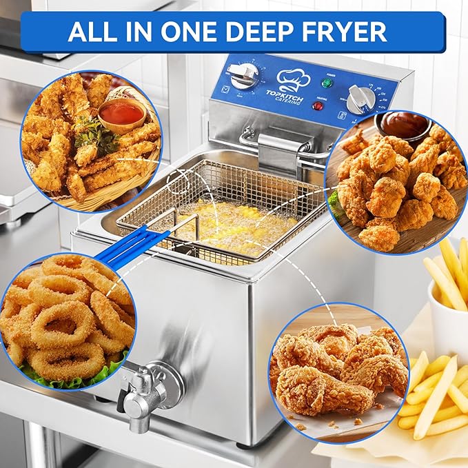 TOPKITCH 6.3Qt Electric Fryer with Oil Drain,30 Minutes Timer,Stretch forming oil tank,Lid and Solid Wire Mesh Basket,Light Duty Commercial Electric Countertop Deep Fryers-120V,1800W