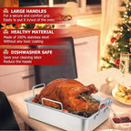 P&P CHEF 14" Roaster Roasting Pan with Baking Rack and V-shaped Rack, Stainless Steel Rectangular Lasagna Pan with Handles for Turkey Chicken, Healthy & Dishwasher Safe, 3 Pieces, Silver