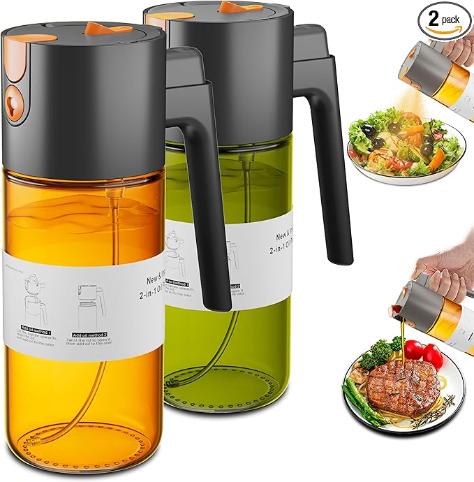 LUKUMIQI 2 in 1 Oil Sprayer for Cooking, 17oz Light-Blocking Glass Spray Bottle with Stickers, Oil Dispenser for Salad, Air Fryer & BBQ