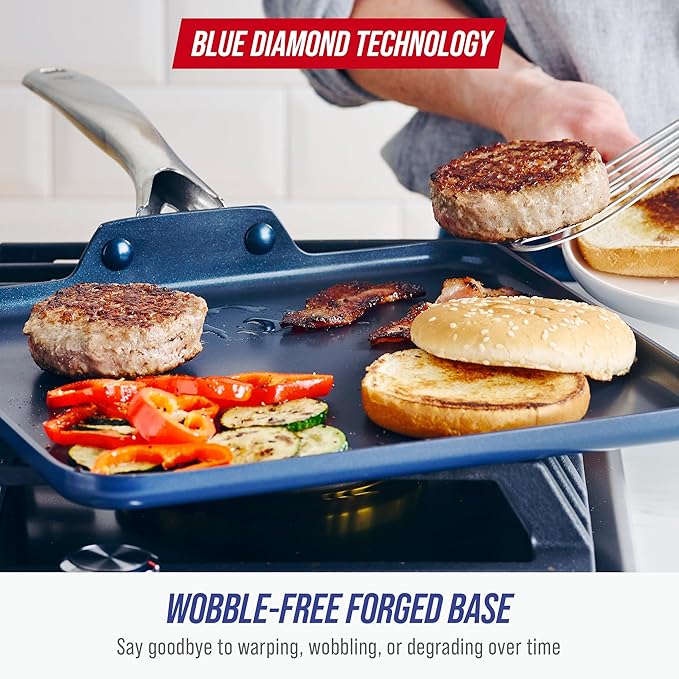 Blue Diamond 11" Nonstick Square Griddle Pan, Non Toxic PFAS-Free Diamond Ceramic, Dishwasher & Oven Safe, Even Heating, Metal Utensil Safe, Warp Control, Blue