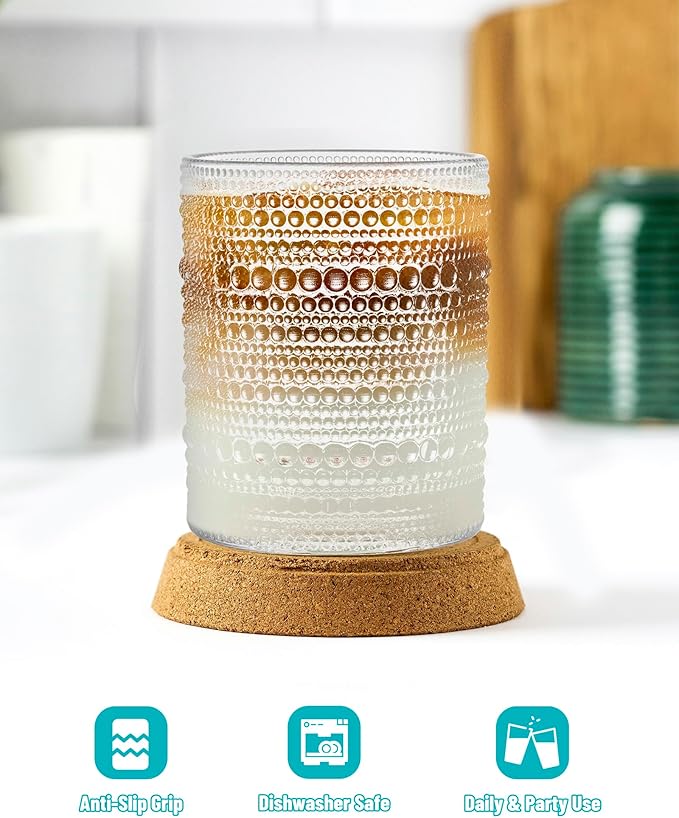 Vintage Dot-Pattern Drinking Glasses Set of 6 – 14.5 oz Clear Short Glass Cups – Embossed Textured Glassware with Anti-Slip Grip, Water Juice Soda Cocktail Tumblers – Thick Glass, Dishwasher Safe