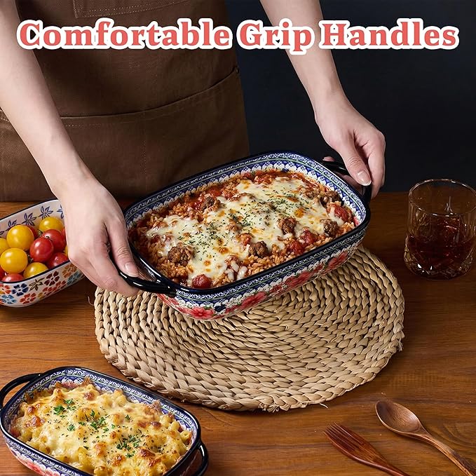 Ceramic Casserole Dishes for Oven, Hand-painted Polish Pottery Baking Dish Set of 2, 0.8QT / 2QT Porcelain Casserole Dishes with Handles, Baking Pan Lasagna Pan, Gift for Family/Friend (Red)