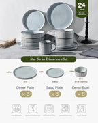 Famiware Star 24-Piece Plates and Bowls Set with Trim, Service for 8 - Stoneware Reactive Glaze Dinnerware, High Edge Ribbed Dishes, Chip & Scratch Resistant, Microwave & Dishwasher Safe, Smoky Blue
