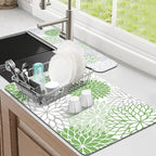 Findosom 2PCS 12" x 20" Dish Drying Mat & 24" x 5.5" Sink Splash Guard, Super Absorbent & Cuttable Dish Mat Drying Kitchen Mat with Green Floral, Hide Stain Drying Mat for Kitchen Counter