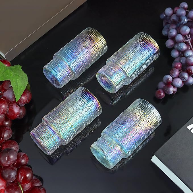 Joeyan Iridescent Drinking Glasses,Vintage Embossed Stacking Water Tumblers Romantic,Clear Hobnail Rainbow Glassware Set,Beaded Highball for Juice Beverages Coffee Tea Cocktail,10 oz,Set of 4
