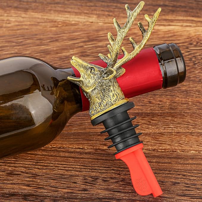 LKKCHER Deer Head Wine Bottle Pourer and Stopper Birthday Gifts Hunting Gifts for Hunters Men Dad Liquor Bottle Pourers Spout for Alcohol Spirits, Stag Gifts Wine Gifts, Bronze