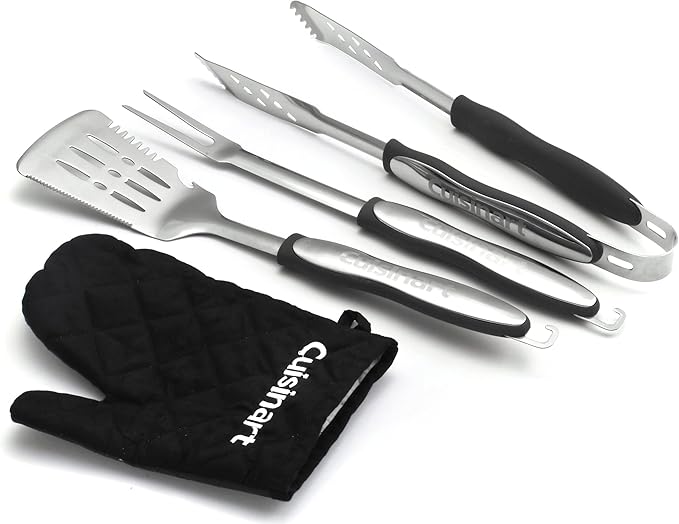 Cuisinart 3‑Piece Stainless Steel BBQ Grilling Tool Set with Grill Glove – Outdoor Grill Accessories, Perfect Grilling Gift for Men, Dads & Grill Masters, CGS-134BL