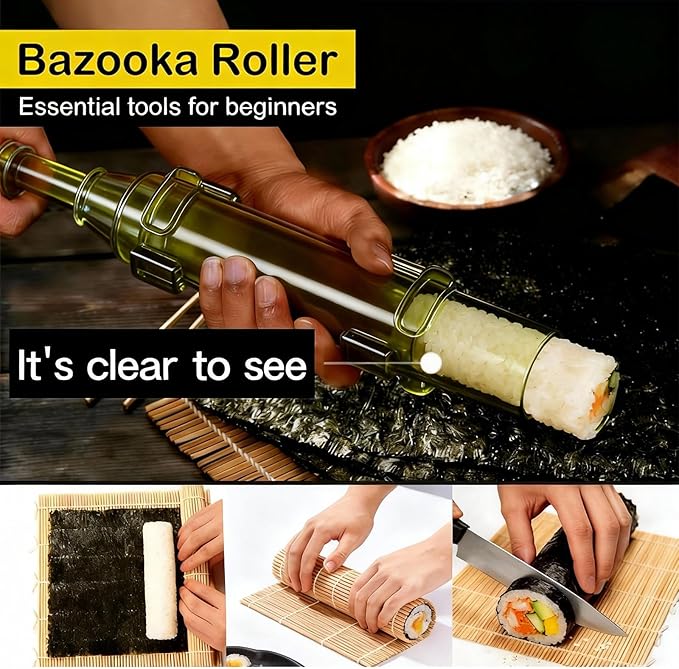 Sushi Making Kit – Clear Sushi Bazooka Roller & Bamboo Sushi Rolling Mat, Easy DIY Sushi Maker Tool Set for Beginners, Homemade Sushi Rolls for Kitchen & Party (Clear Green)