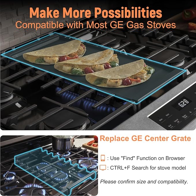 Upgraded WB31X24738 Non-stick Griddle Replacement for GE Appliance Stove Cooktop, Nitriding Process, 19.5"×9" Extra-Large Integrated Aluminum Griddle Plate for GE Gas Stove Top Center