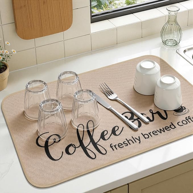 Findosom Dish Drying Mat, 12"x 20" Super Absorbent & Hide Stain Coffee Mat, Cuttable Drying Mat for Kitchen Counter, Coffee Bar Accessories, Under Dish Rack, Coffee Maker, Espresso Machine, Linen
