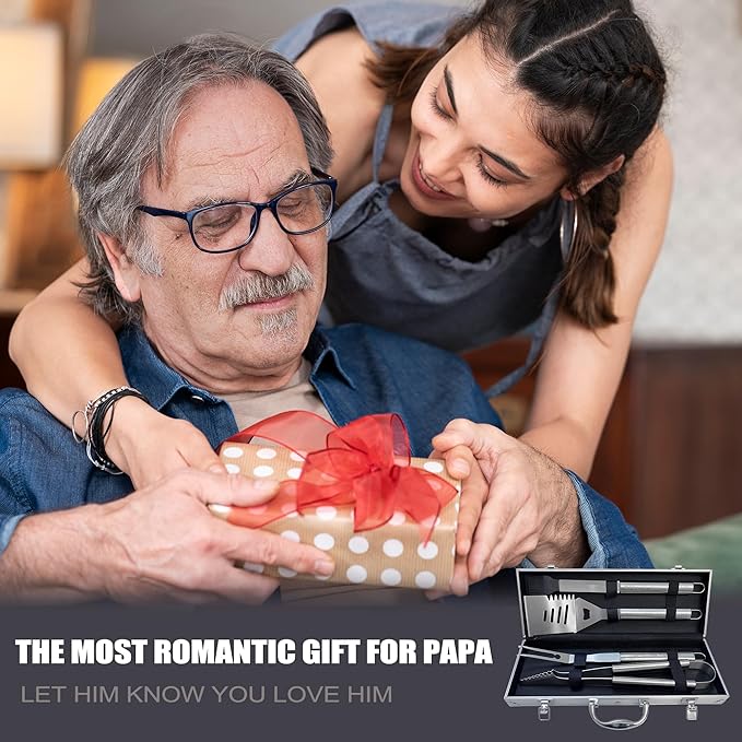 Papa Gifts, Christmas Papa Gifts from Grandkids Heavy Duty Grilling Accessories Kit for Backyard BBQ, Thick Stainless Steel Grill Utensils with Non-Slip Handle Tool Grilling Gift for Man on Birthday