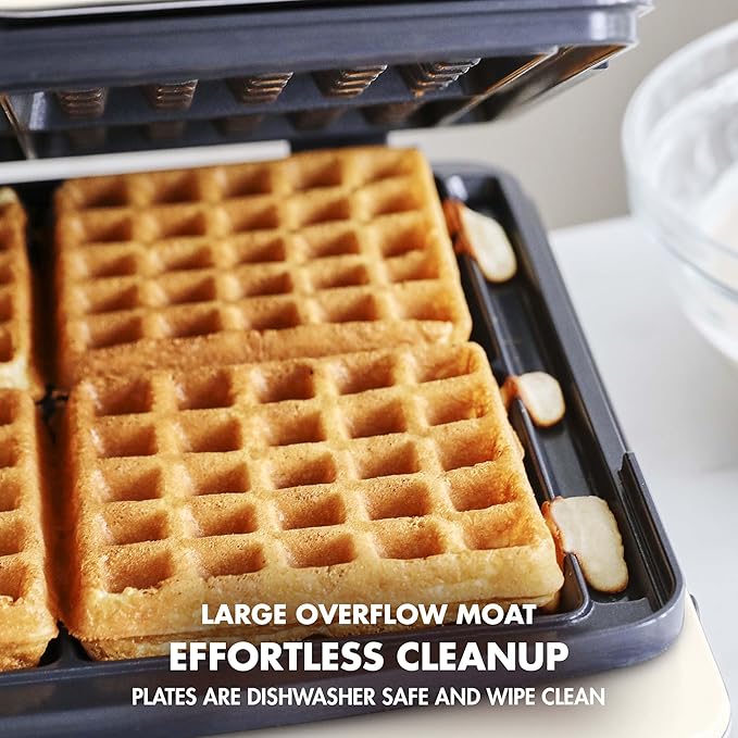 GreenPan Elite 4-Square Belgian & Classic Waffle Maker,Healthy Ceramic Nonstick Dishwasher Safe Plates, Adjustable Shade/Crunch Control, Wont Overflow, Easy Cleanup Breakfast, PFAS-Free, White