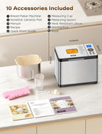 KBS 19-in-1 Programmable Bread Maker, 2LB Bread Machine with Healthy Ceramic Pan, Stainless Steel Bread Maker Machine with 15H Timer& 1H Keep Warm, Sourdough, Gluten Free, 3 Crust Colors, 53 Recipes