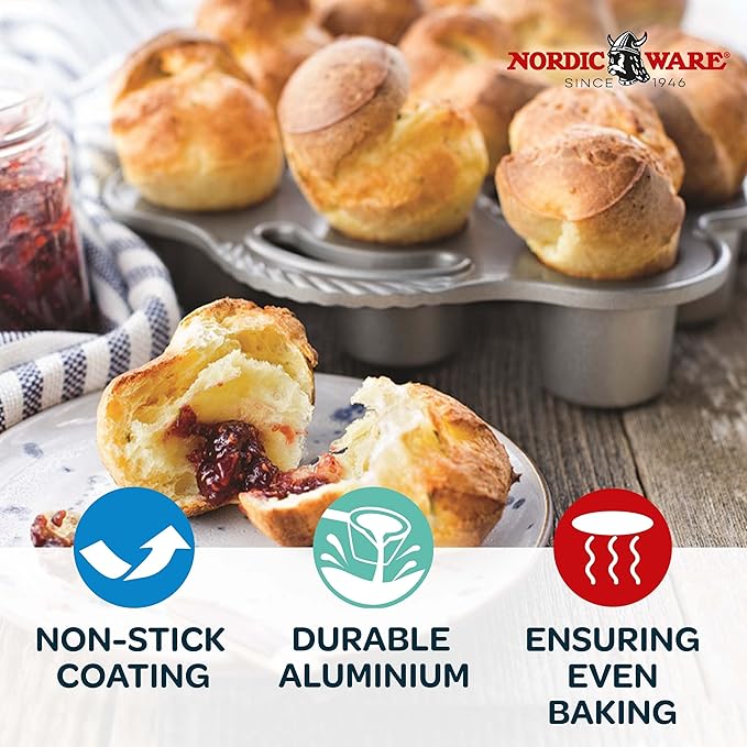 Nordic Ware Cast Aluminum Petite Popover Pan 1/4 Cup Each, 12 Cavity, Silver/Gray