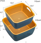 Jucoan 2 Pack 9 & 8 Quart Large Kitchen Strainer Colander Bowl Set, Double-Layer Plastic Fruits Vegetable Washing Basket, Drain Bowls for Cleaning Washing Mixing, Detachable (Blue, Orange)