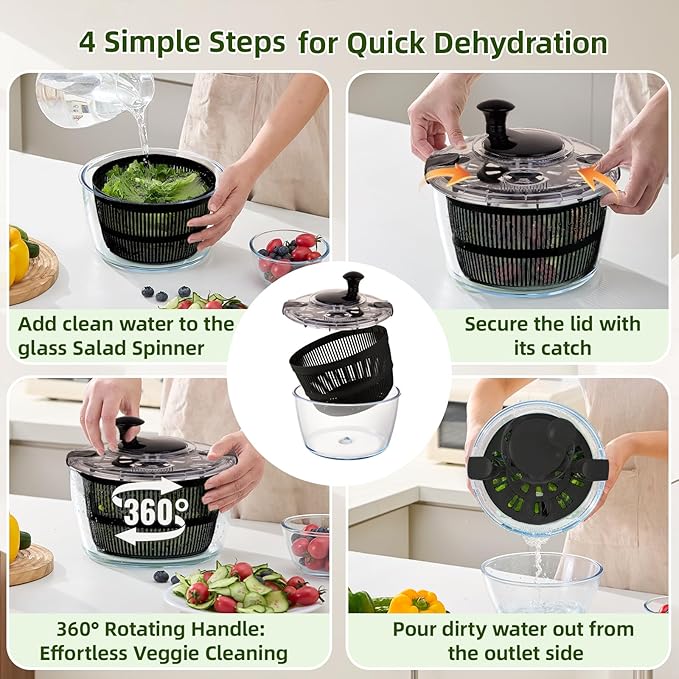 Large 5.2 Qt Glass Salad Spinner Vegetable Dryer with Drain Microwave Safe Dishwasher Safe with Transparent Lid Crank Handle Quick Spin Greens Washer for Lettuce Herbs Fruits (black)