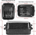 QPMR Roasting Pan with Rack, 21” Rectangular Granite Roaster Pan, 25lb Capacity, Large Roaster Pot for Baking Turkey with Versatile Lid