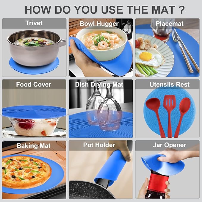 2 in 1, Aidacom Microwave Mat & Food Cover- Mat as Bowl Holder, Cover for Splatter Guard, Multi-use: Silicone Trivet, Pot Holders, Drying, Baking, Place Mat, Utensils Rest for Kitchen Counter, Blue