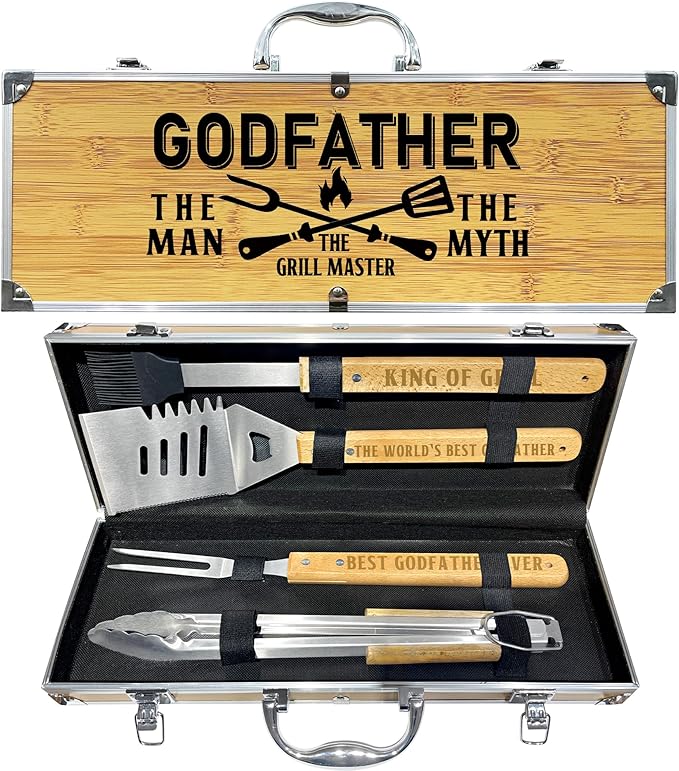 Godfather Gift, Christmas for Godfather Heavy Duty Wooden BBQ Grilling Accessories Kit for Backyard, Thick Stainless Steel Grill Utensils with Non-Slip Handle Tools in Portable Bag Birthday
