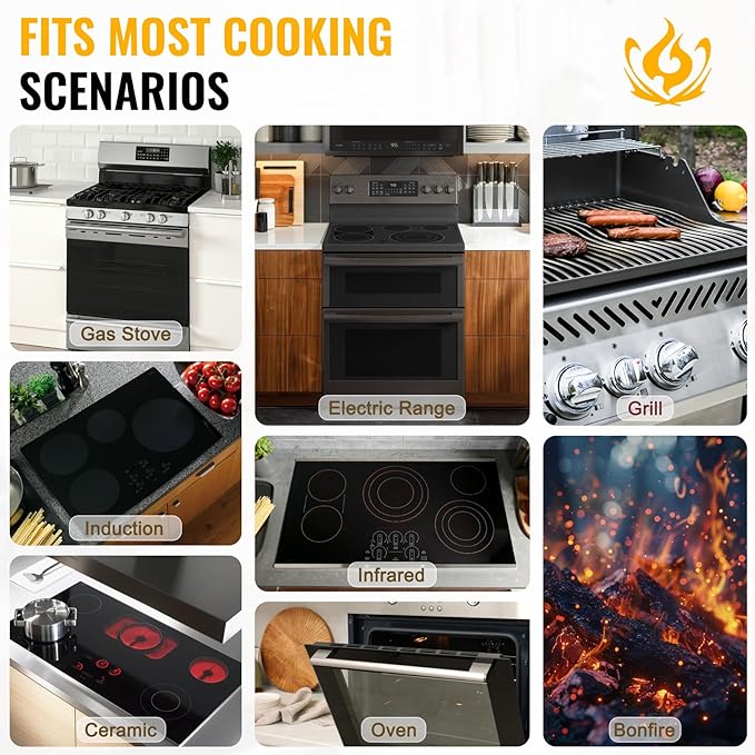 Premium Carbon Steel Griddle, Round Non-Toxic Stovetop Flat Top Pan for Gas, Electric Range, Induction, Grill & Campfire, Pre-seasoned Nitride Coating, Oven Safe to 1200°F, with Heat-insulating Gloves
