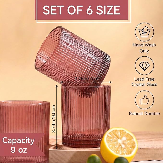 Physkoa Rose Red Ribbed Drinking Glasses Set of 6 – 9oz Vintage Red Glassware, Embossed Ribbed Tumbler Cups for Juice, Cocktail, Water, Iced Coffee