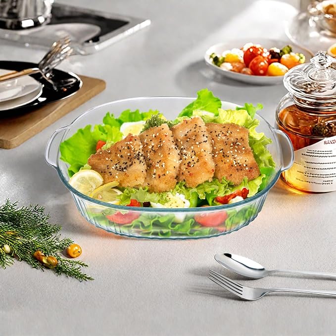 2 Pack Glass Casserole Baking Dishes with Lids for Oven,1.9 Qt and 3 Qt Ribbed Oval Glass Serving Dishes Bakeware Set for Lasagna,Casseroles,Leftovers,Cooking,Kitchen