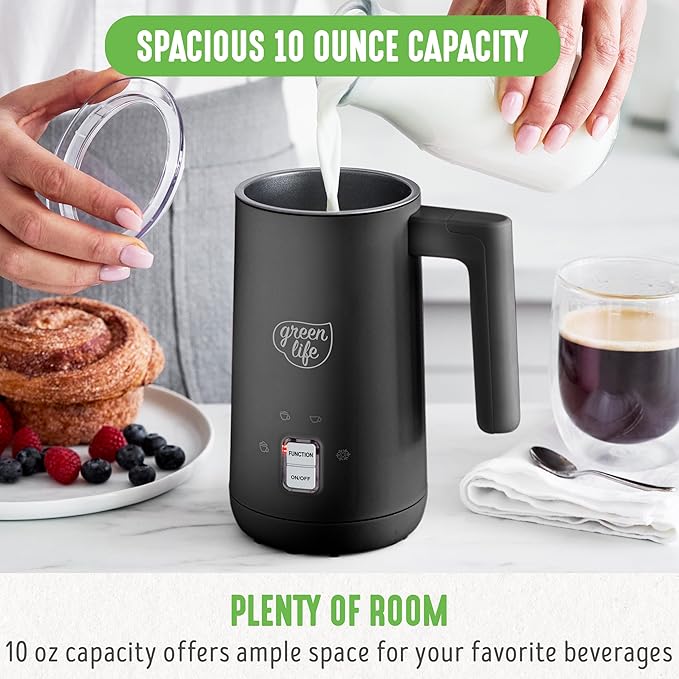 GreenLife Ceramic Electric Milk Frother, 10oz, 4-in-1, Auto Hot and Cold Foam, Dense and Light Foam, PFAS Free, Cordless Milk Warmer and Steamer for Latte, Coffee, Black