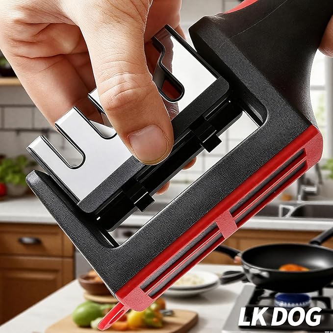 4-in-1 Kitchen Knife Sharpener, Professional Grade with Tungsten Steel and Ceramic Slots, Scissor Sharpening, Black/Red