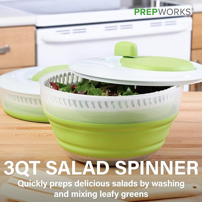 PrepWorks 3 Qt Collapsible Salad Spinner – Space-Saving, Easy-to-Use, BPA-Free, for Quick Salad Washing & Drying, Dishwasher Safe