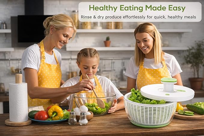 Brieftons QuickPush Salad Spinner: Large 6.3-Quart Vegetable Washer Dryer Strainer Drainer, Easy One-Handed Handle & Brake, Fast Spin Cycles, Compact Storage, to Wash, Clean & Dry Vegetables, Fruits
