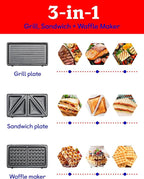 3-in-1 Indoor Grill, Sandwich/Panini Press & Waffle Maker Plus, Silver