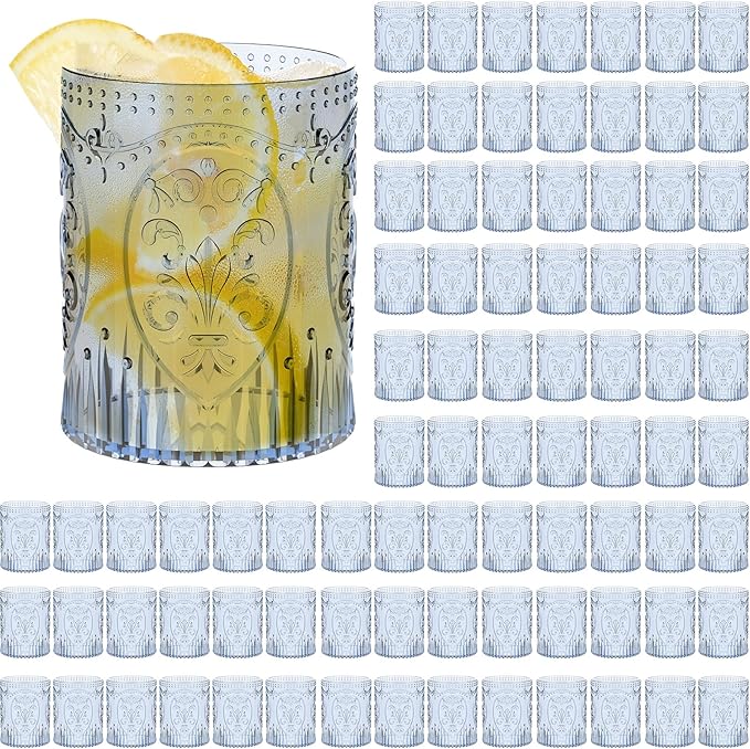Qinyoung 100 Plastic Vintage Drinking Glasses 8.5oz Stemless Retro Embossed Wine Glasses Shatterproof Reusable Cups for Baby Shower Wedding Reception Grand Event Party (Blue)