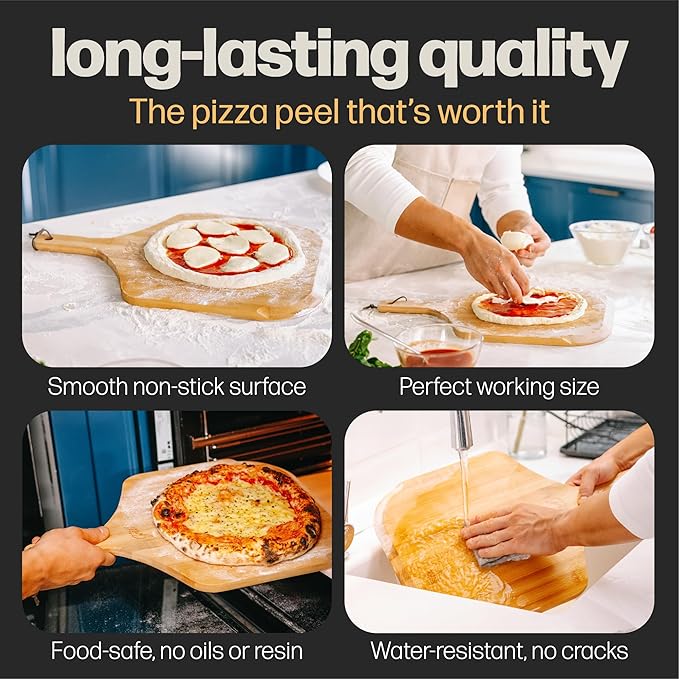 HANS GRILL Wooden Pizza Peel 12 Inch - Bamboo Wood Pizza Peel 12 Inch Paddle For Oven - Restaurant Grade Natural Bamboo Paddle, Multi-use Spatula - Large Wooden Board For Serving and Transferring