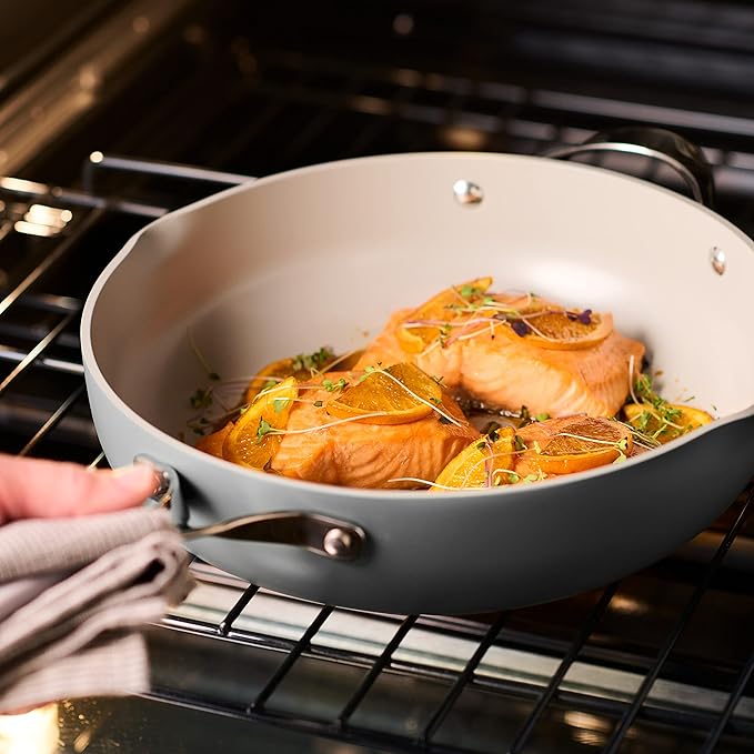 Tramontina All-in-One Plus Pan Set, 5-Quart Ceramic Non Stick Cooking Pan with Lid, Steamer Insert, Bamboo Utensil and Trivet, Gray