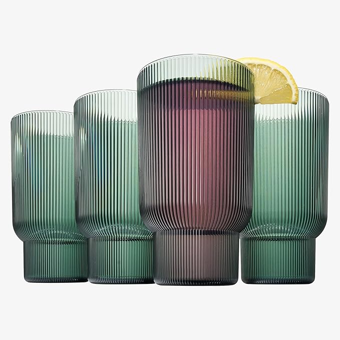 Shatterproof Acrylic Tall Drinking Glasses Set, European Style, Dishwasher Safe, Ribbed | Set of 4 | Fluted Tritan Drinkware, Unbreakable BPA-free Plastic, Reusable Stackable Glassware 14.5oz - Green