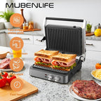 Panini Press,4 Slices Contact Grill with Removable Non-Stick Coated Grill and Flat Plates,Panini Makers with Temperature Control and Timer,Open 180 Degrees,Grill and Griddle (Half black with sus)