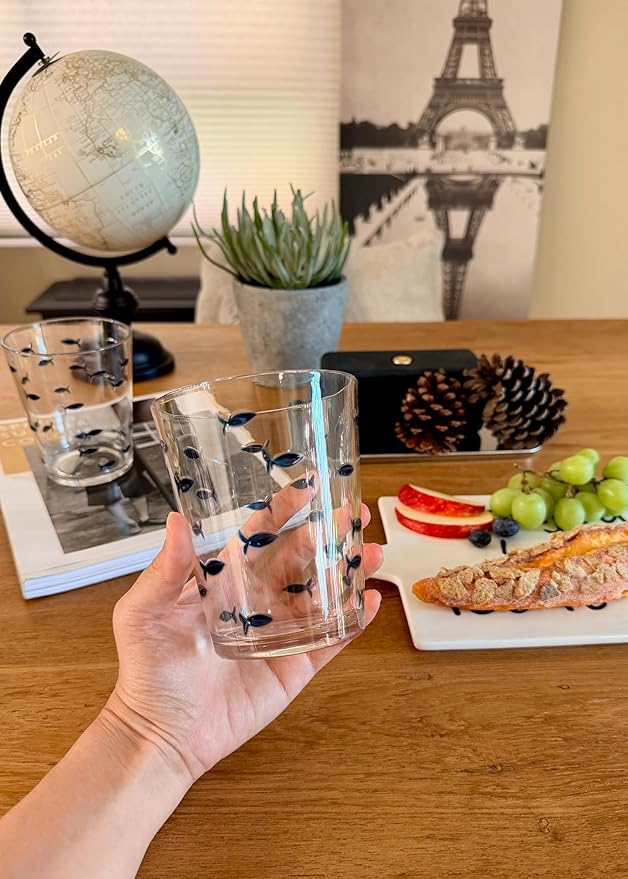 KLIFA- CHARLESTON- 16.5 oz, Set of 6, Acrylic Fishing Tumbler, School of Fish Drinking Glasses, BPA-Free, Stackable Plastic Drinkware, Dishwasher Safe Cups, Clear with Dark Blue Printing