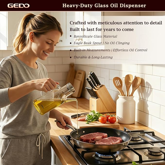 GEDO Borosilicate Glass Oil Dispenser, Eagle Beak Drip-Free Spout with Airtight Stainless Steel Lid, Measurement Markings & Ergonomic Handle, Multi-Purpose for Kitchen & Outdoor Picnic (0.79QT/750ml)